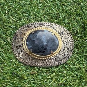 Vintage Western‎ Belt Buckle Ornate Floral Blue Stone Gold Tone Rockabilly